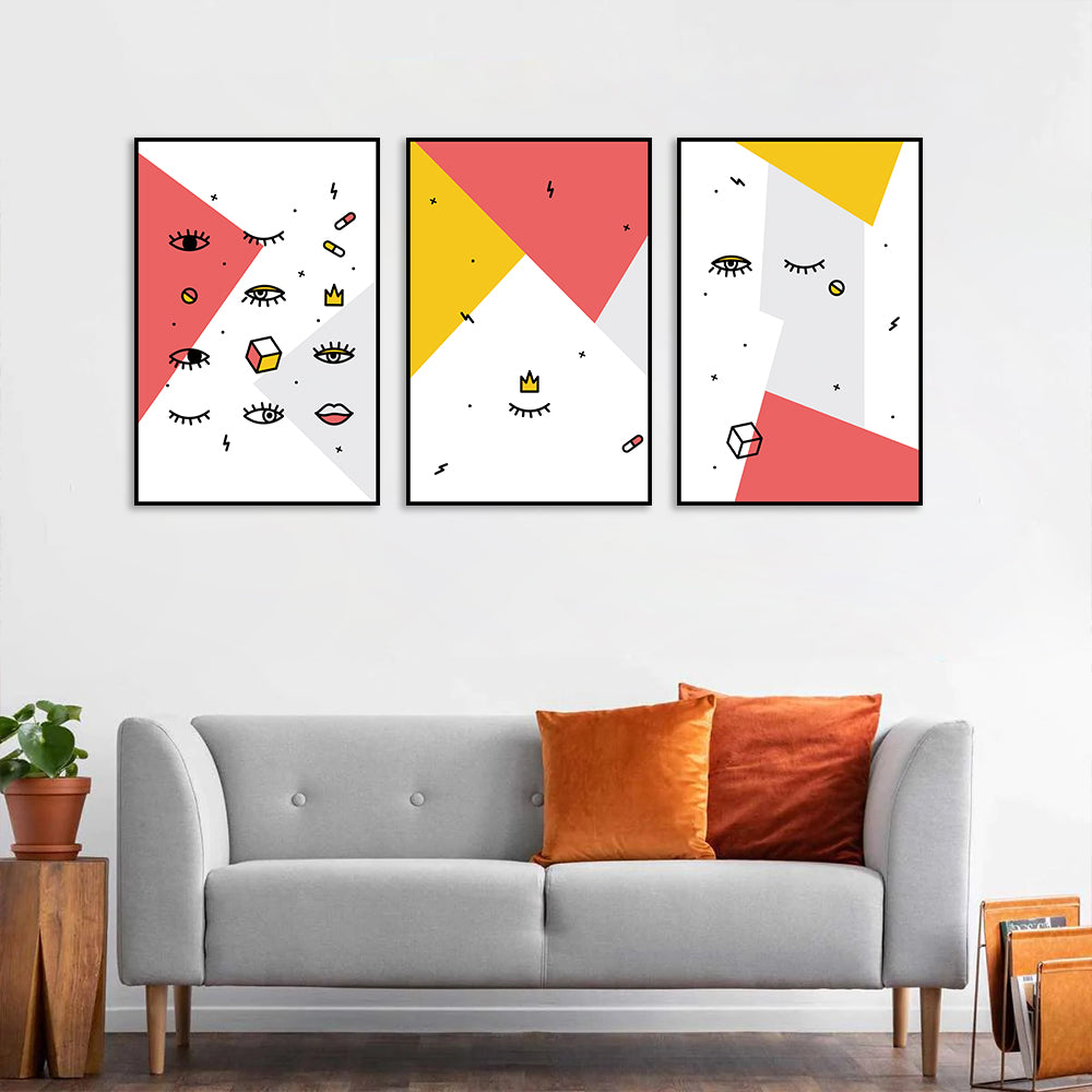 3 Piece Geometric Pattern and Eyes Canvas Wall Art