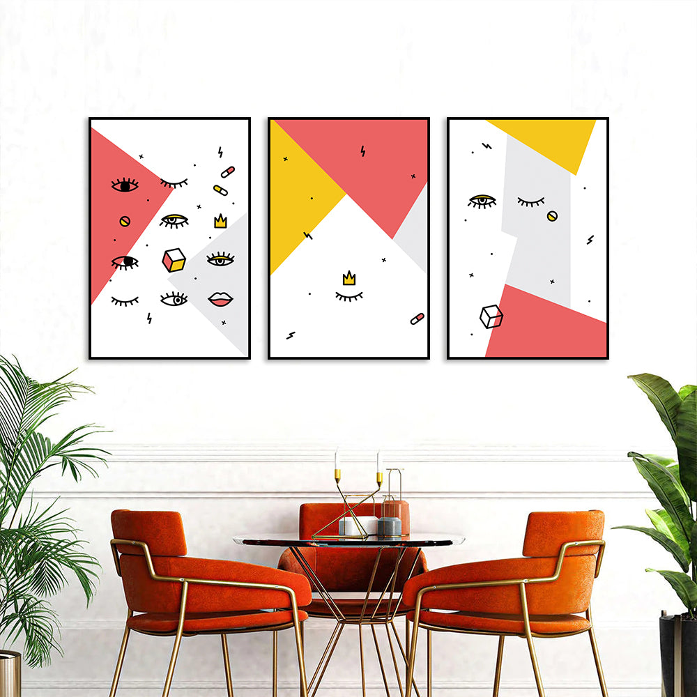 3 Piece Geometric Pattern and Eyes Canvas Wall Art