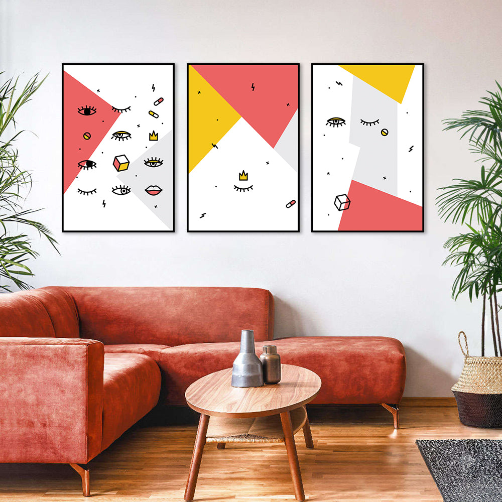 3 Piece Geometric Pattern and Eyes Canvas Wall Art