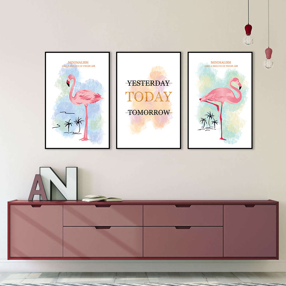 3 Piece Pink Flamingo and Quotes Canvas Wall Art