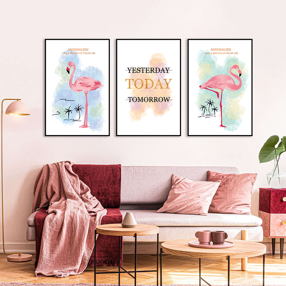 3 Piece Pink Flamingo and Quotes Canvas Wall Art