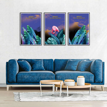 3 Piece Green Leaf and Flamingo Canvas Wall Art