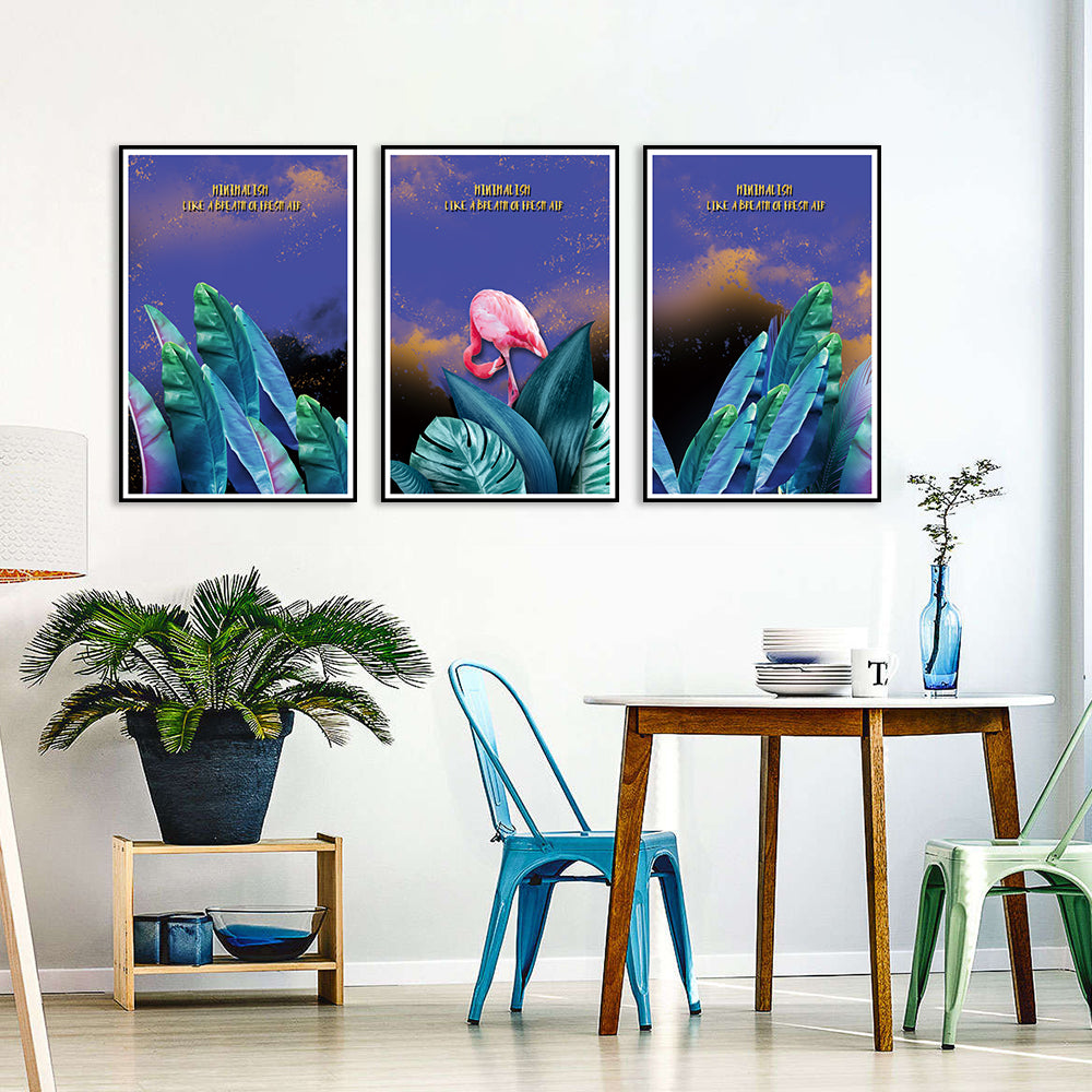 3 Piece Green Leaf and Flamingo Canvas Wall Art