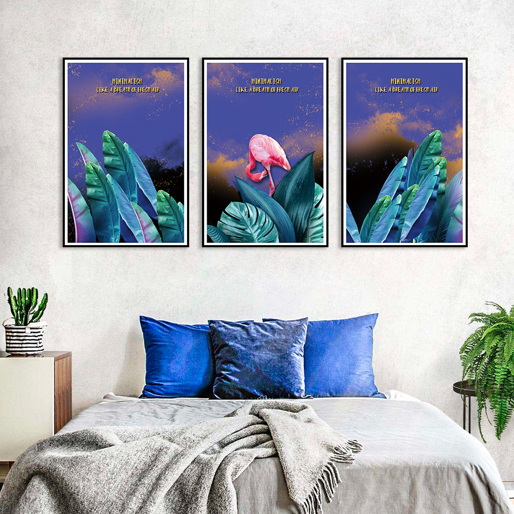 3 Piece Green Leaf and Flamingo Canvas Wall Art