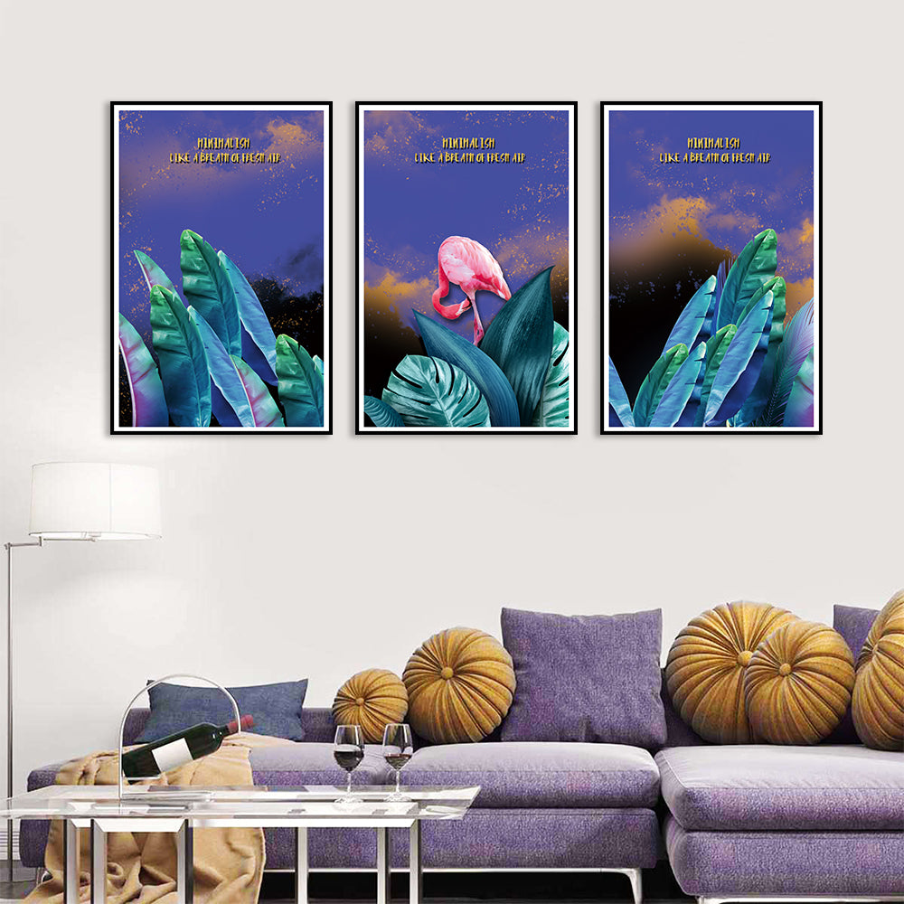 3 Piece Green Leaf and Flamingo Canvas Wall Art