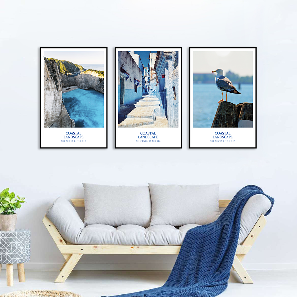 3 Piece Nordic Blue Ocean and Greek Town Canvas Wall Art