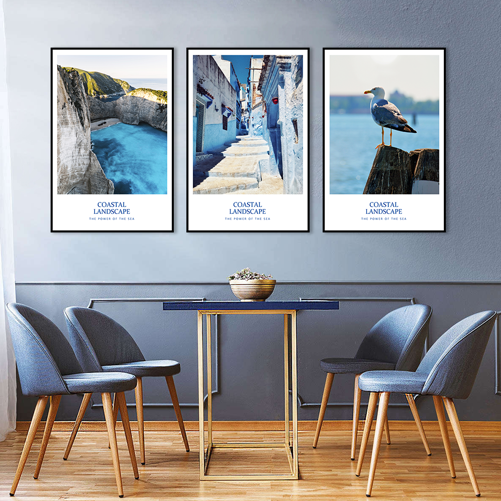 3 Piece Nordic Blue Ocean and Greek Town Canvas Wall Art