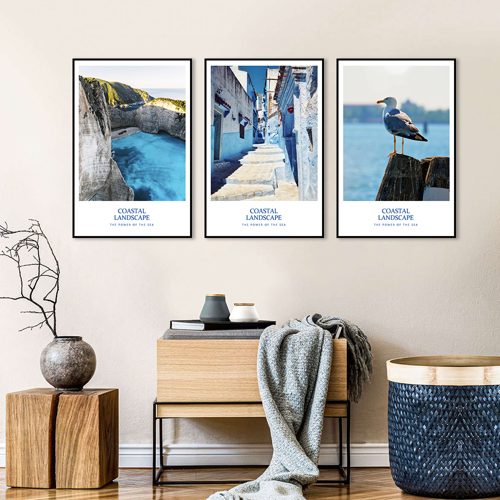 3 Piece Nordic Blue Ocean and Greek Town Canvas Wall Art