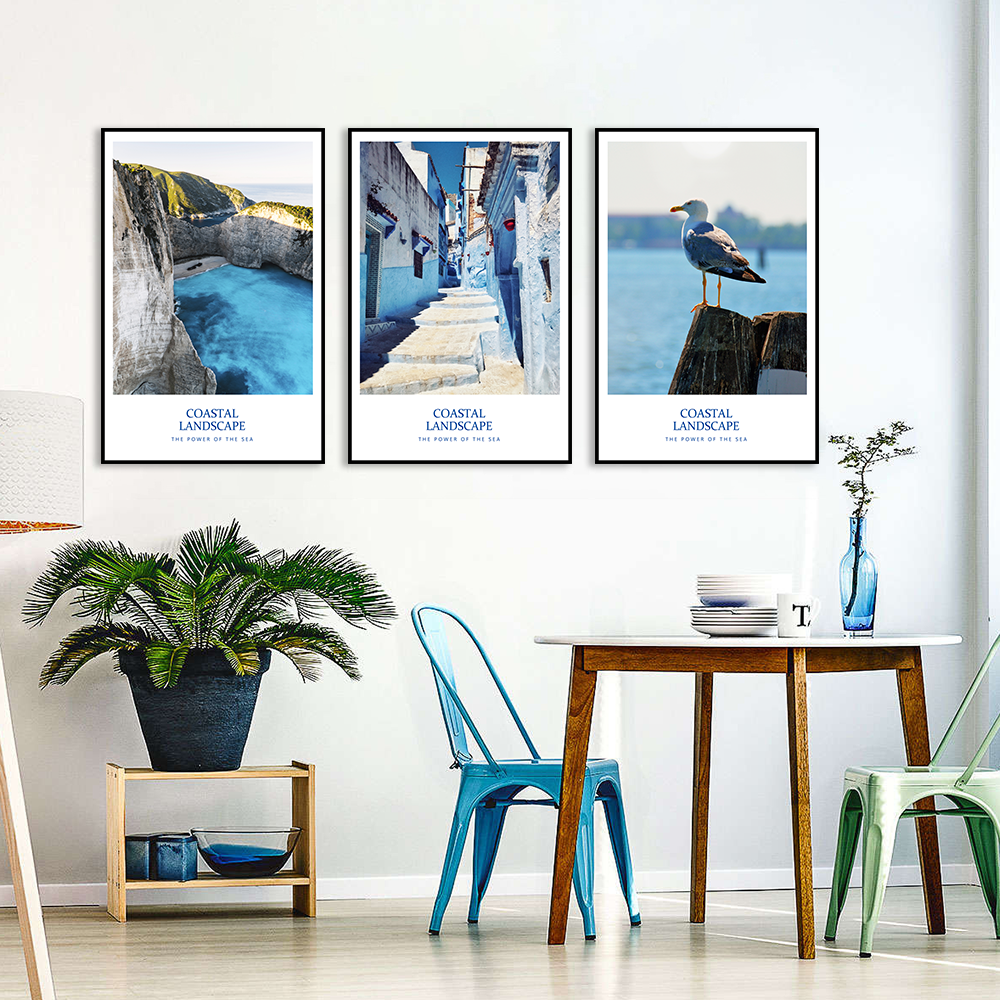 3 Piece Nordic Blue Ocean and Greek Town Canvas Wall Art