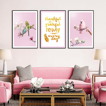 3 Piece Nordic Pink Parrot and Flower Canvas Wall Art