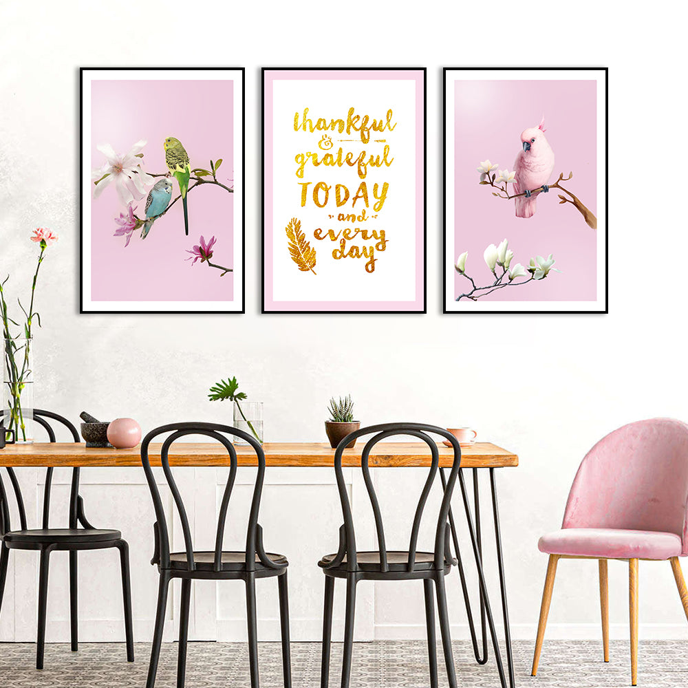 3 Piece Nordic Pink Parrot and Flower Canvas Wall Art