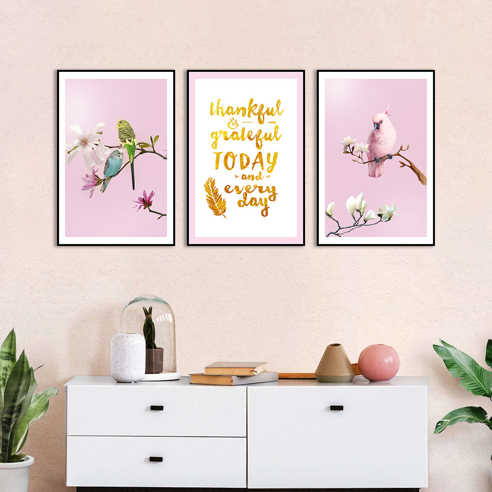 3 Piece Nordic Pink Parrot and Flower Canvas Wall Art