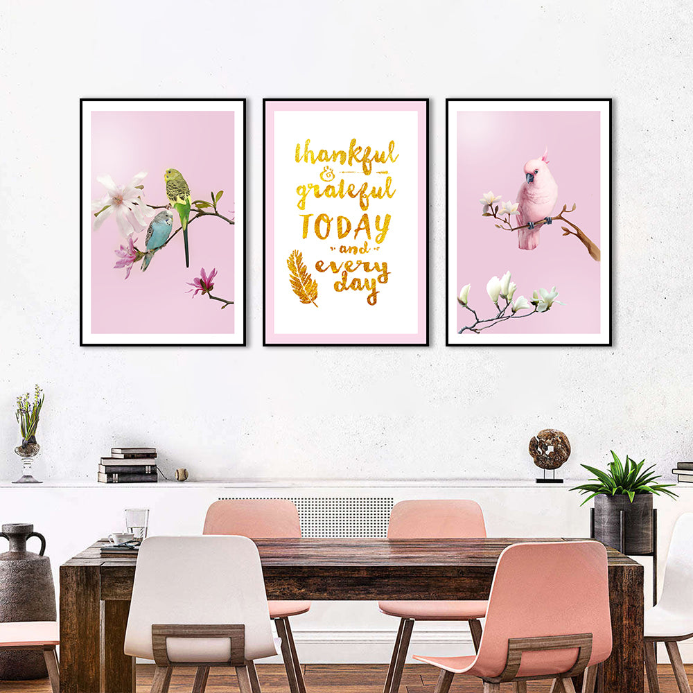 3 Piece Nordic Pink Parrot and Flower Canvas Wall Art