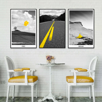 3 Piece Nordic Black and Yellow Landscape Road Canvas Wall Art