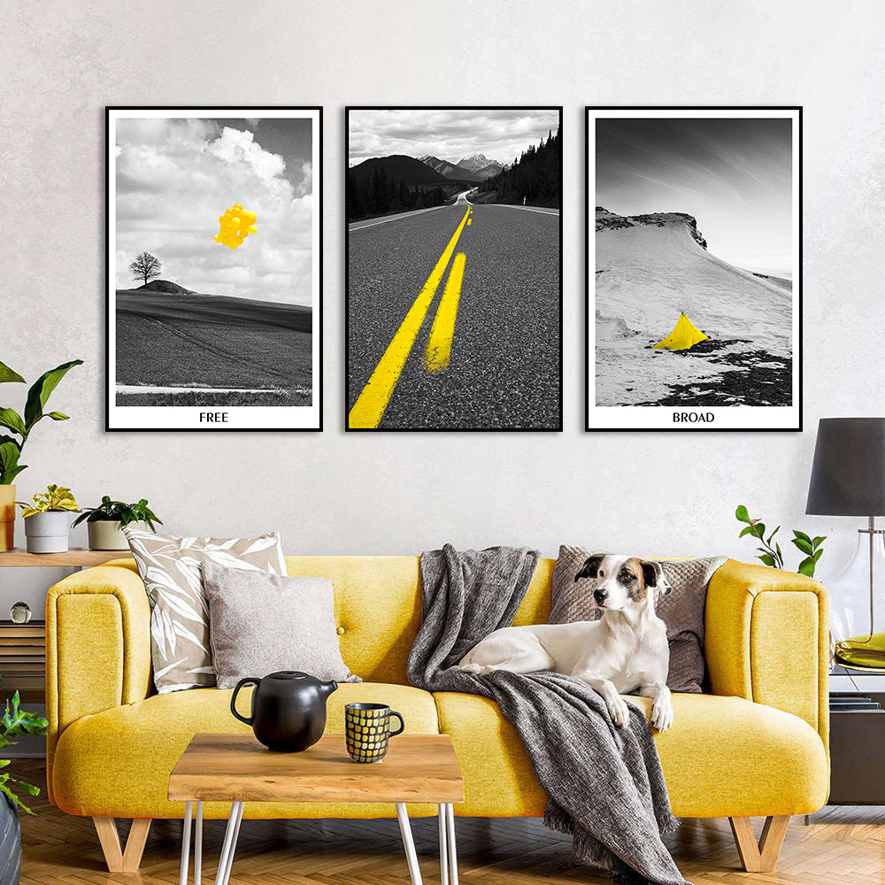 3 Piece Nordic Black and Yellow Landscape Road Canvas Wall Art