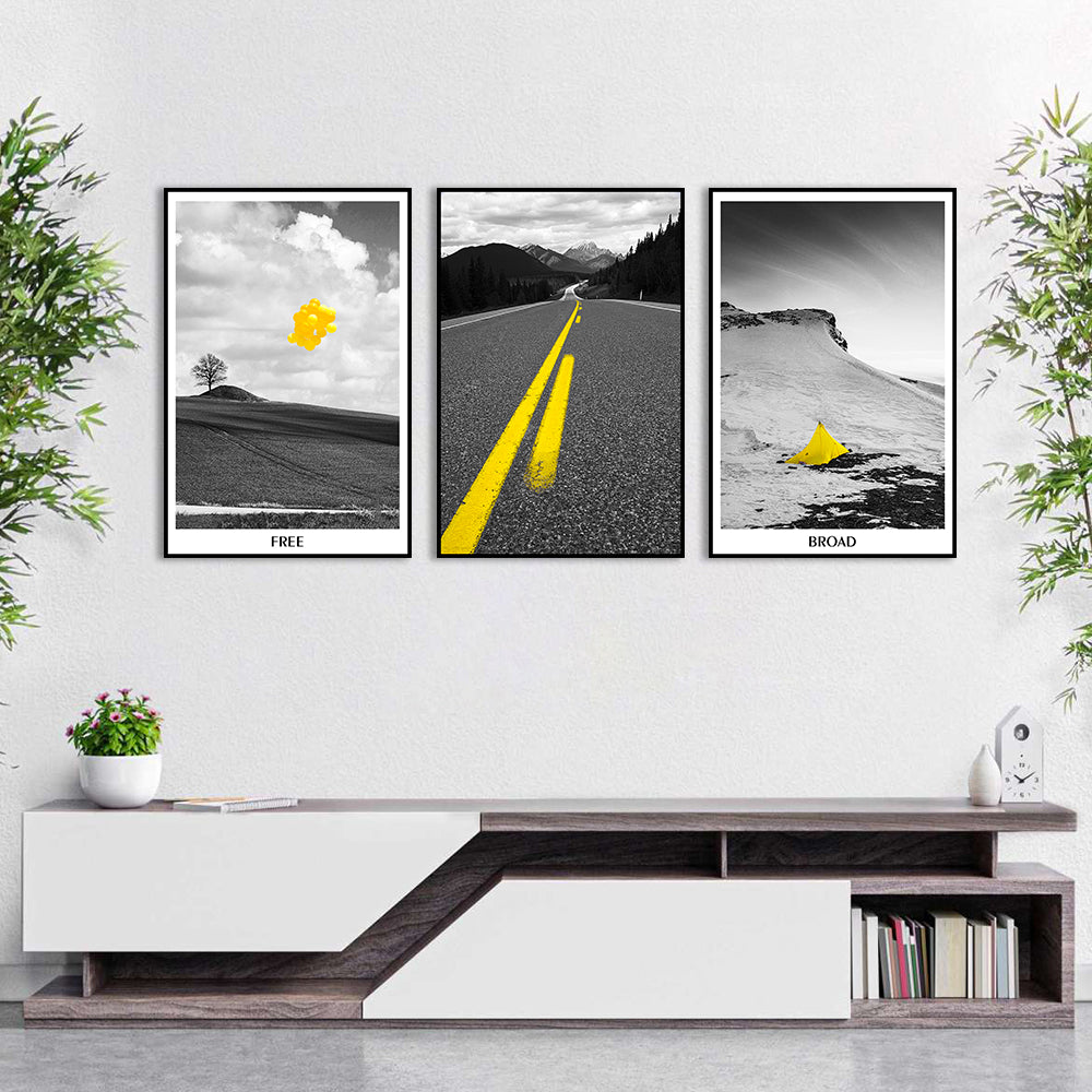 3 Piece Nordic Black and Yellow Landscape Road Canvas Wall Art