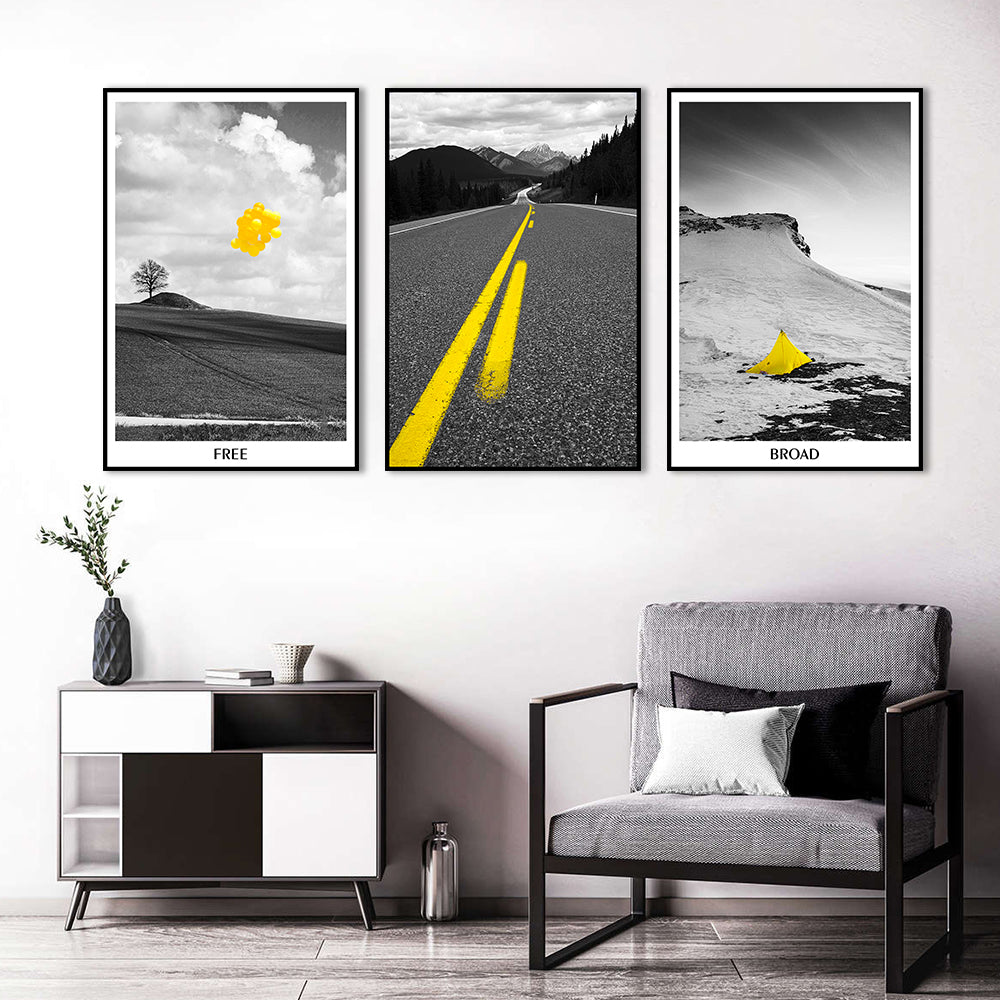 3 Piece Nordic Black and Yellow Landscape Road Canvas Wall Art