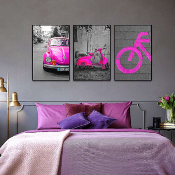 3 Piece Nordic Street Pink Car Canvas Wall Art