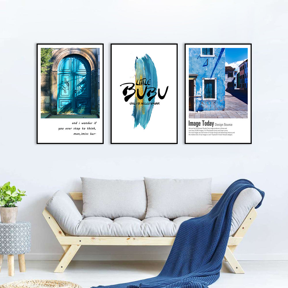 3 Piece Nordic Blue Town House Gate Canvas Wall Art