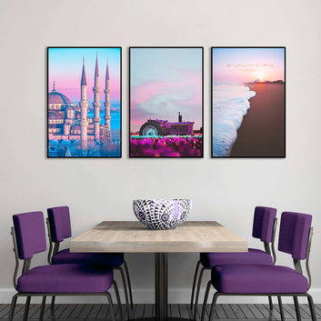 3 Piece Nordic Castle and Sunrise Beach Canvas Wall Art