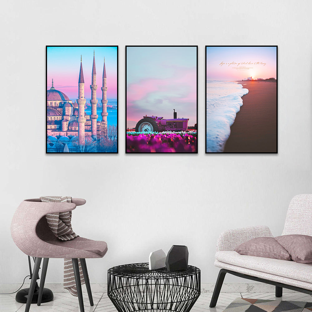 3 Piece Nordic Castle and Sunrise Beach Canvas Wall Art