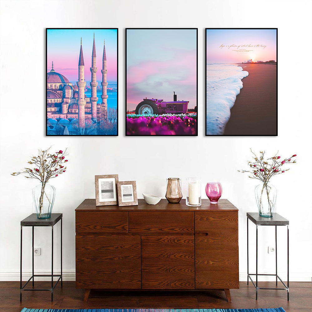 3 Piece Nordic Castle and Sunrise Beach Canvas Wall Art