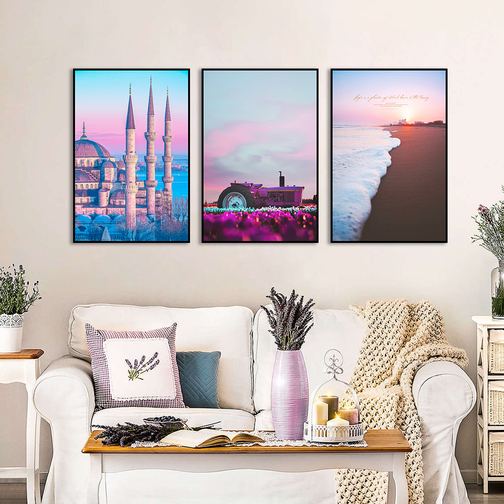 3 Piece Nordic Castle and Sunrise Beach Canvas Wall Art