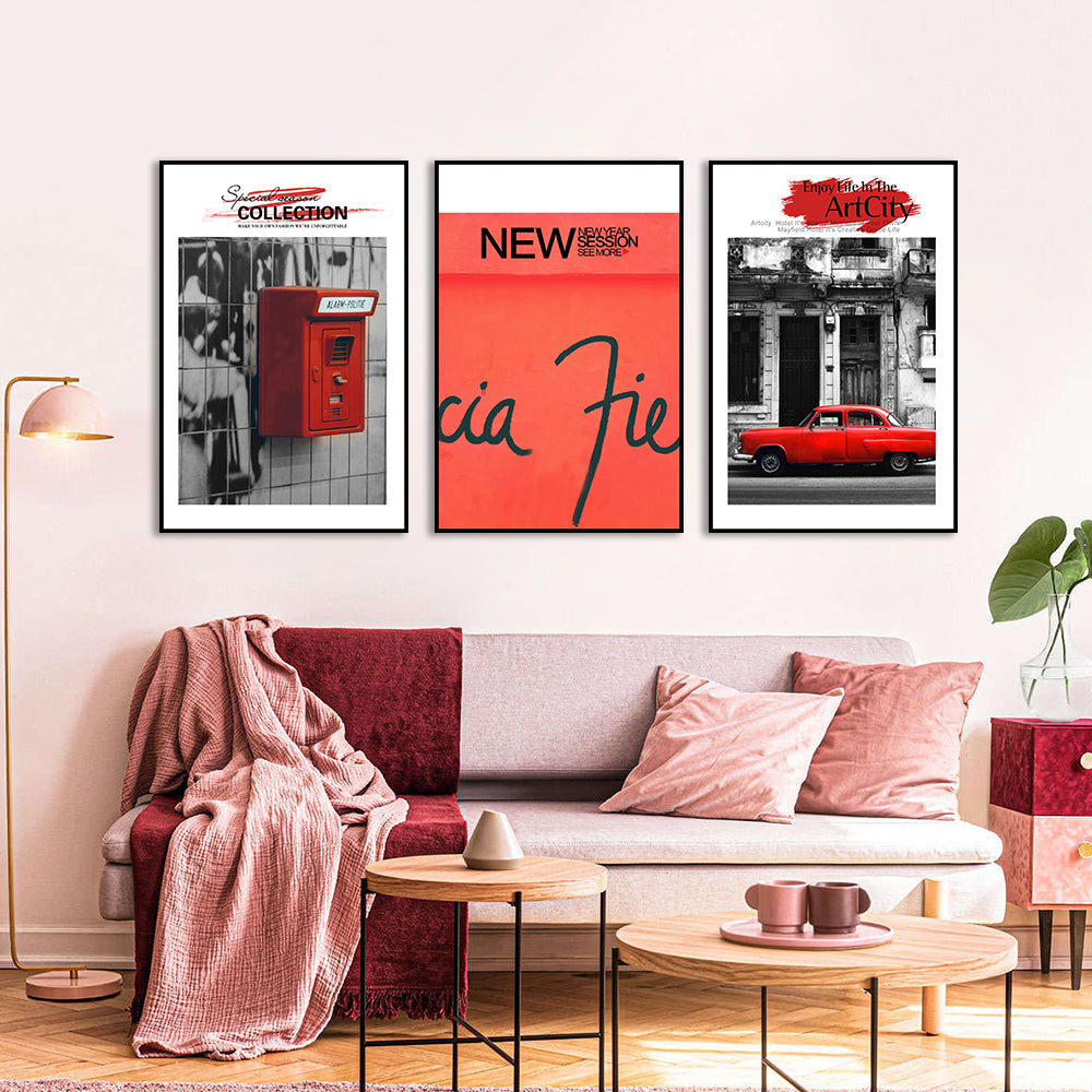 3 Piece Nordic Red Mailbox and Car Canvas Wall Art