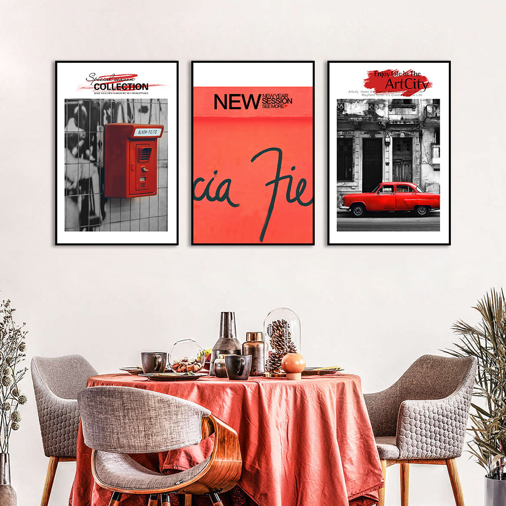 3 Piece Nordic Red Mailbox and Car Canvas Wall Art