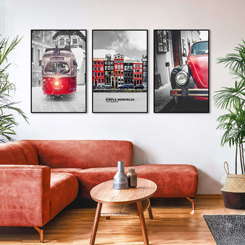 3 Piece Nordic Red Car and Train Canvas Wall Art