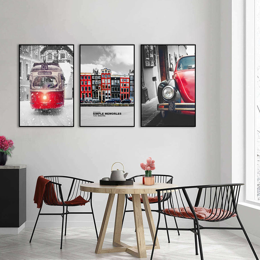 3 Piece Nordic Red Car and Train Canvas Wall Art