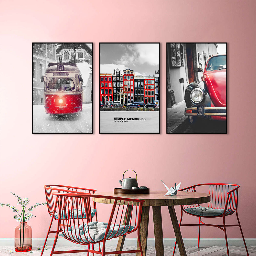 3 Piece Nordic Red Car and Train Canvas Wall Art