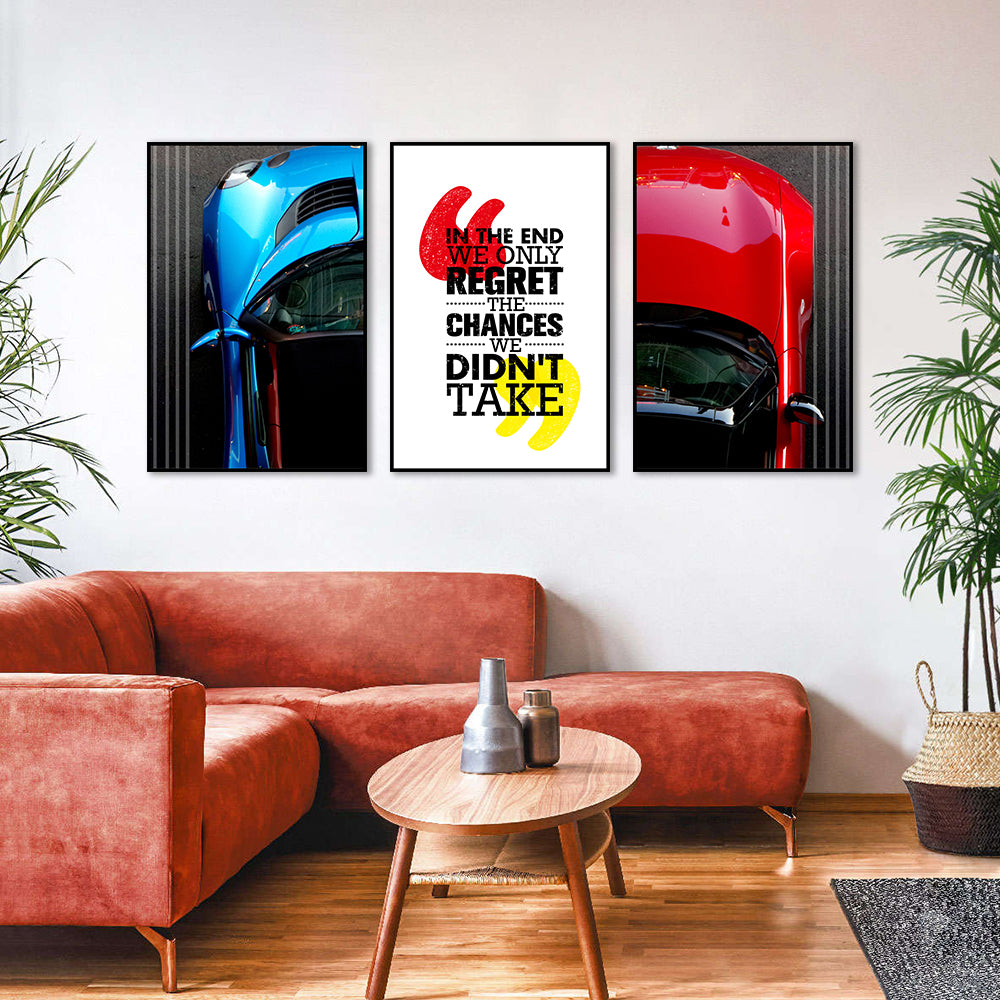 3 Piece Red and Blue Car Life Quotes Canvas Wall Art