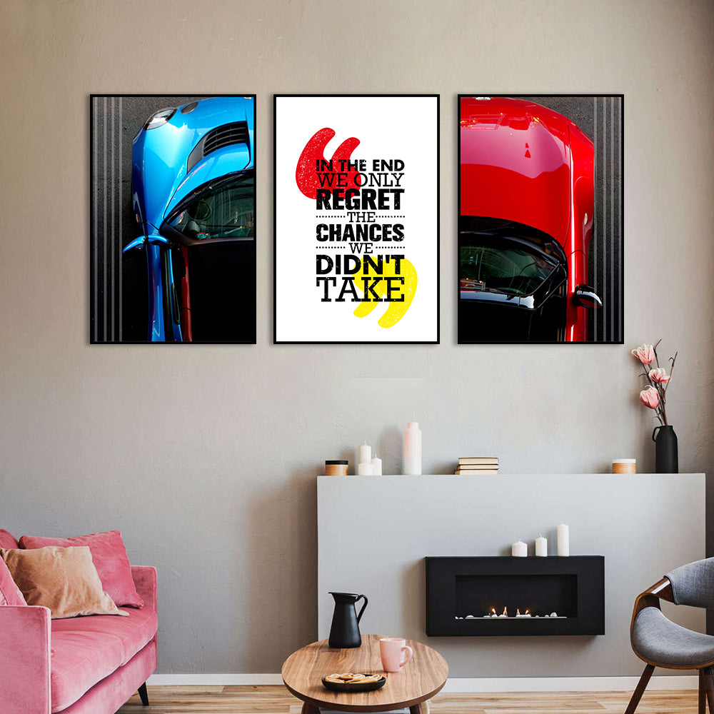 3 Piece Red and Blue Car Life Quotes Canvas Wall Art