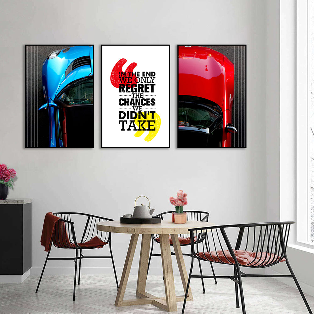 3 Piece Red and Blue Car Life Quotes Canvas Wall Art