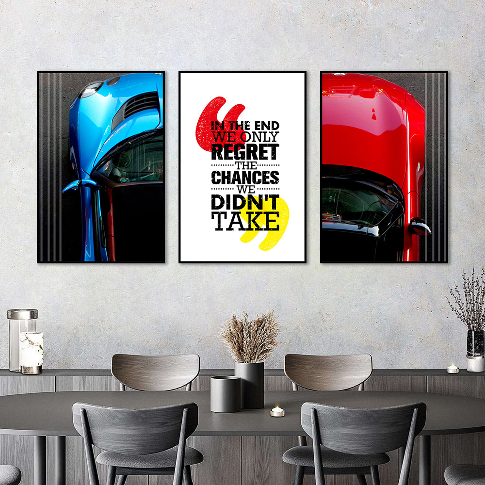 3 Piece Red and Blue Car Life Quotes Canvas Wall Art