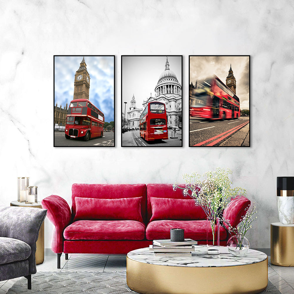 3 Piece Nordic Red Bus in London Street Canvas Wall Art