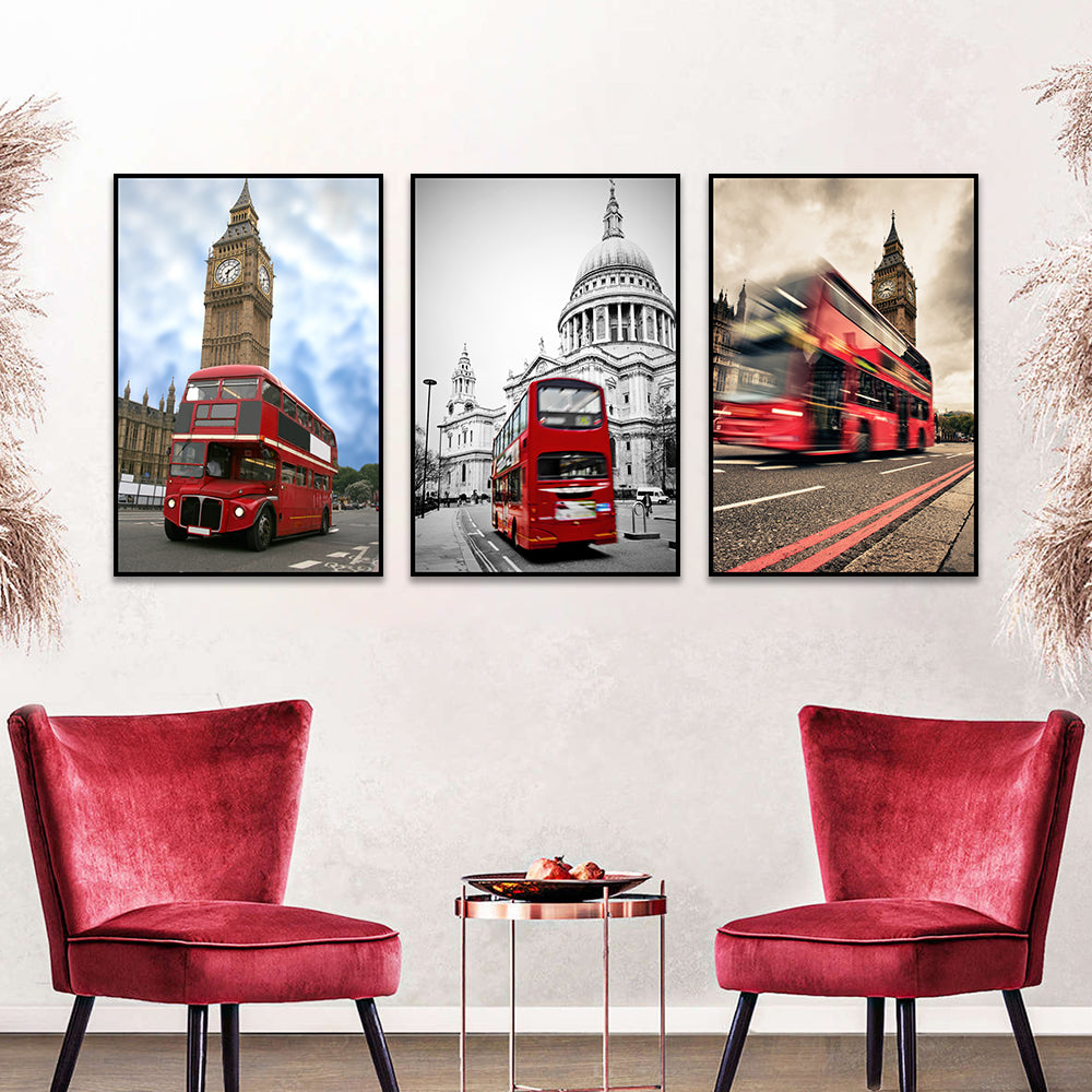 3 Piece Nordic Red Bus in London Street Canvas Wall Art