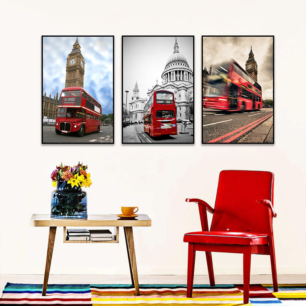 3 Piece Nordic Red Bus in London Street Canvas Wall Art