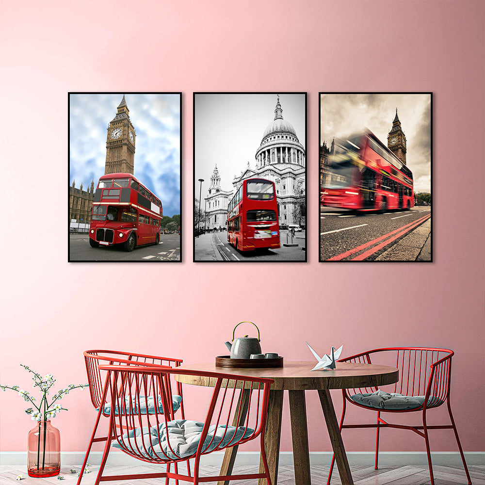 3 Piece Nordic Red Bus in London Street Canvas Wall Art