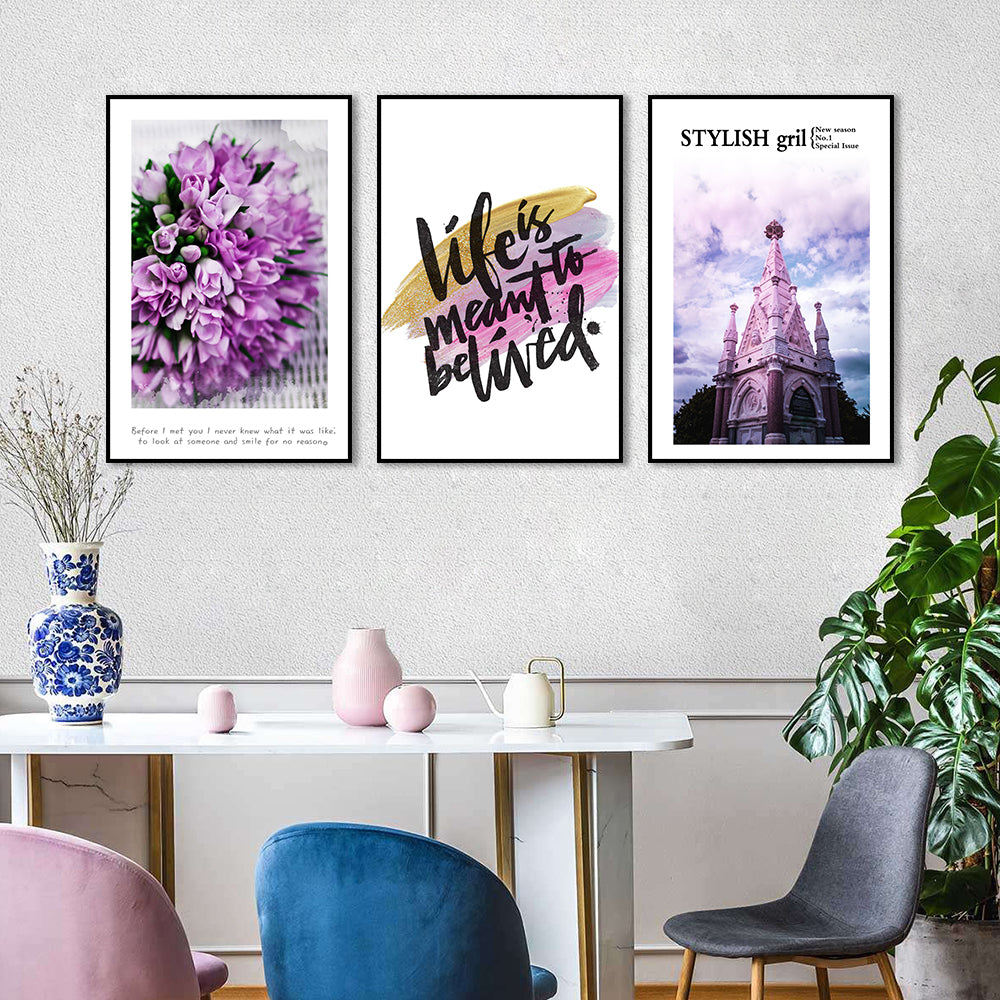 3 Piece Nordic Pink Flowers and Quotes Canvas Wall Art