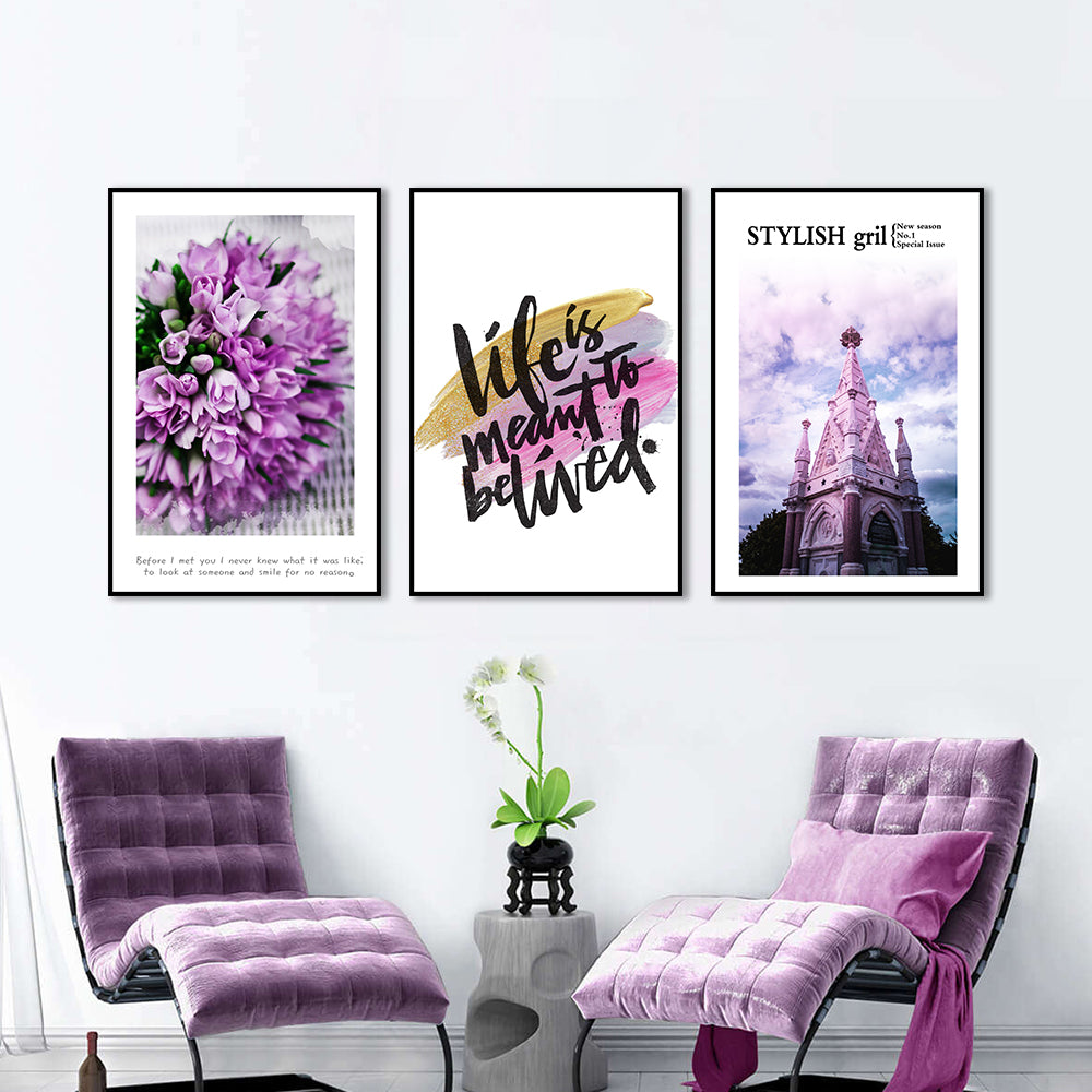 3 Piece Nordic Pink Flowers and Quotes Canvas Wall Art