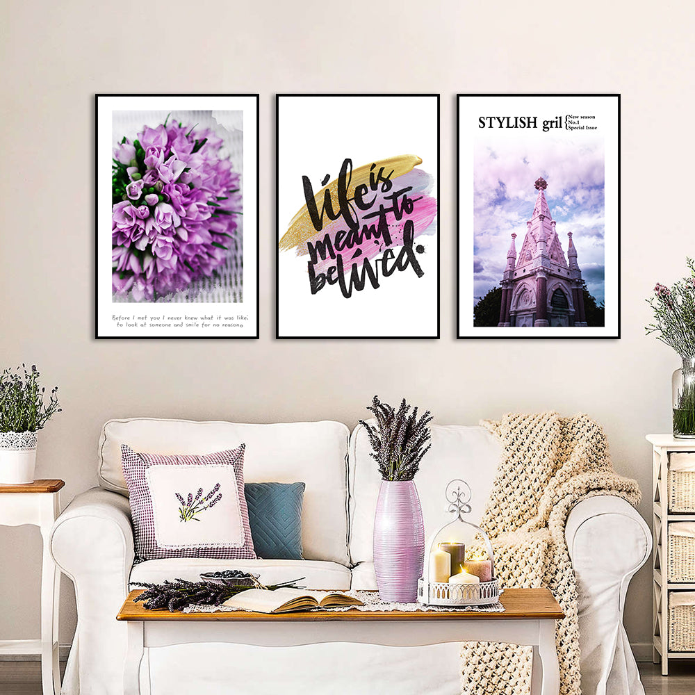 3 Piece Nordic Pink Flowers and Quotes Canvas Wall Art