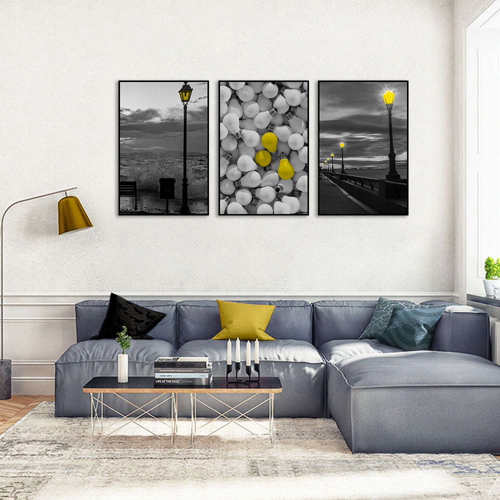 3 Piece Nordic Street Light Night View and Bulbs Canvas Wall Art