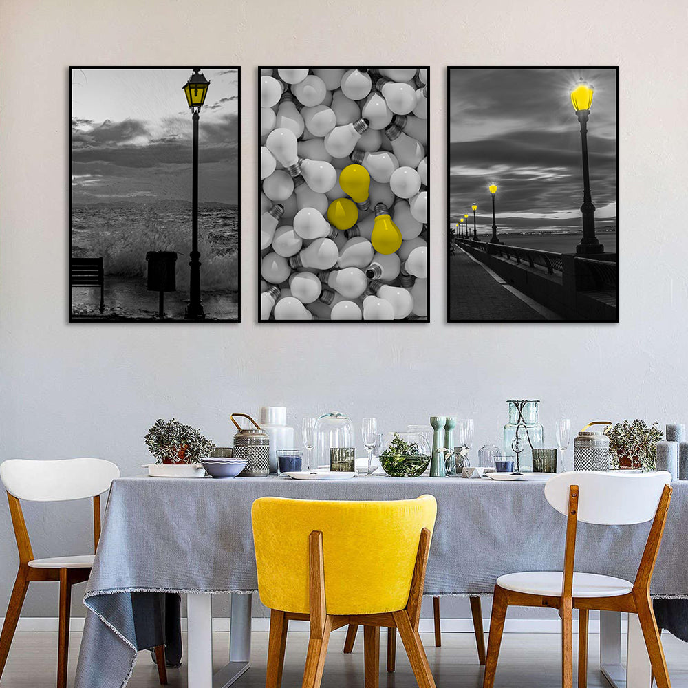 3 Piece Nordic Street Light Night View and Bulbs Canvas Wall Art