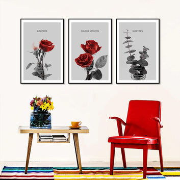 3 Piece Nordic Red Flowers and Leaf Canvas Wall Art