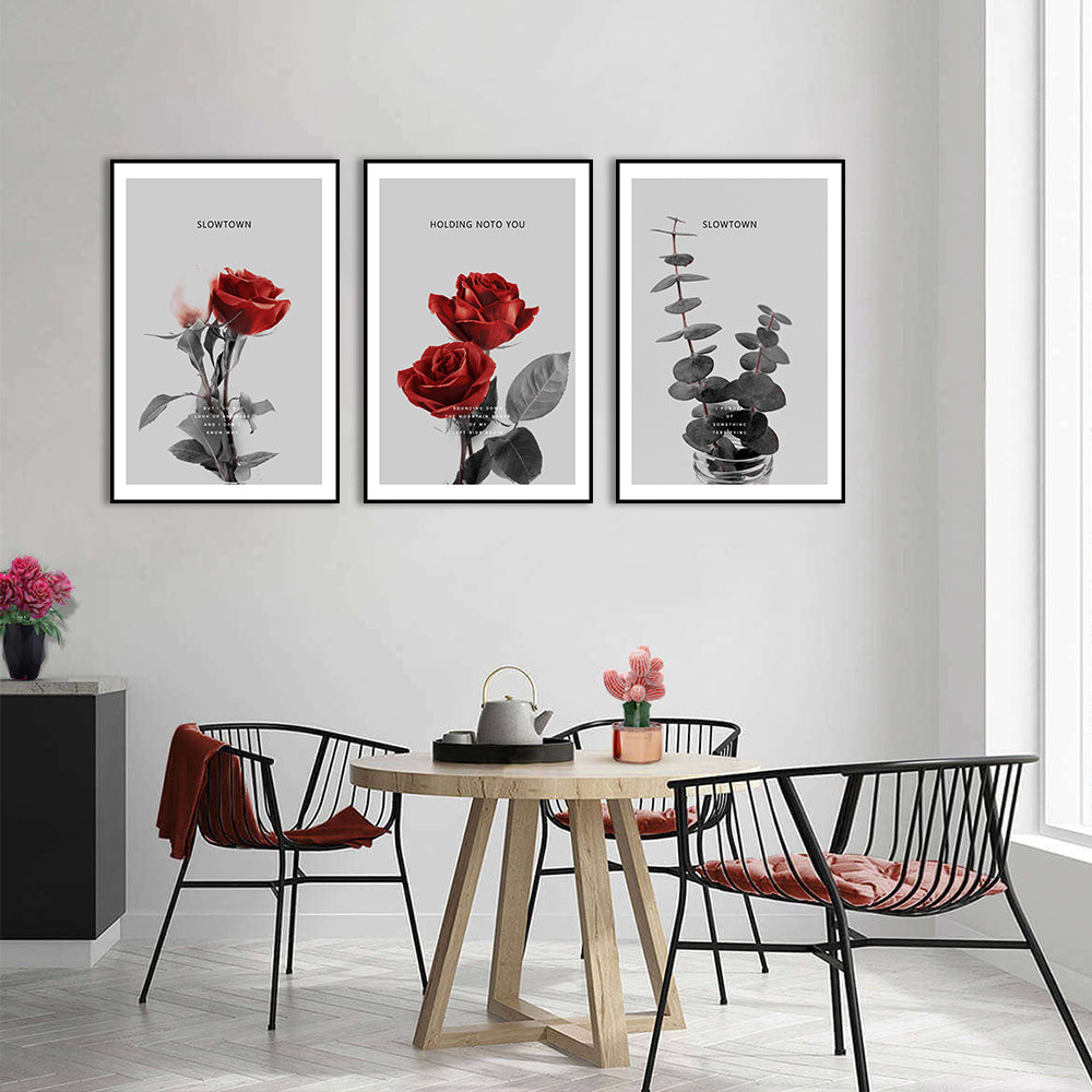 3 Piece Nordic Red Flowers and Leaf Canvas Wall Art