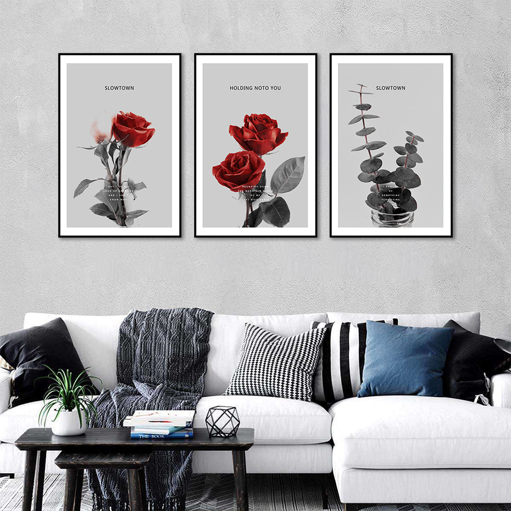 3 Piece Nordic Red Flowers and Leaf Canvas Wall Art