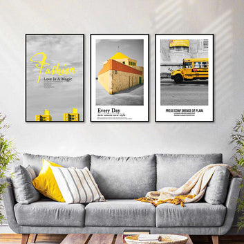 3 Piece Nordic Yellow House and Car Canvas Wall Art