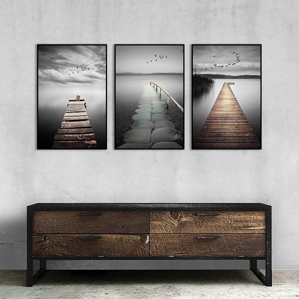 3 Piece Nordic Lakeview Wooden Bridge Canvas Wall Art